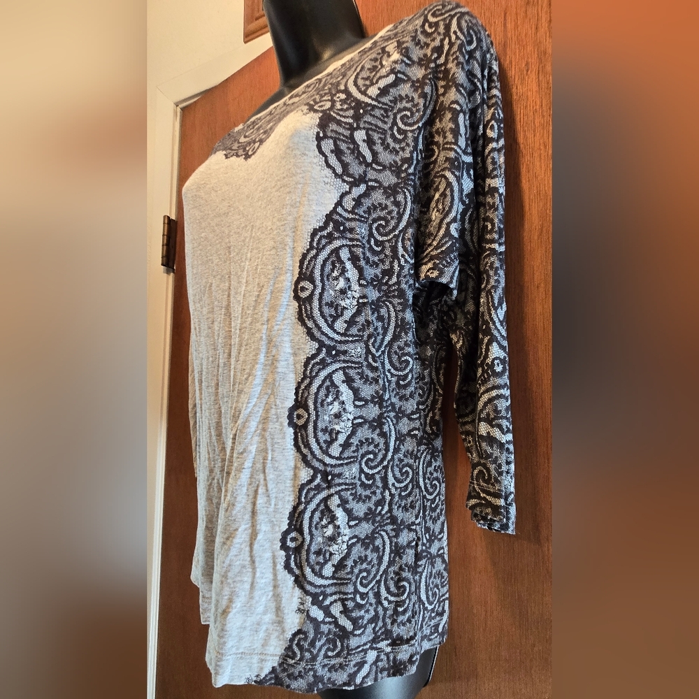 Jodi Arnold For The Limited Gray & Black Lace Print Detail Top SzL - Picture 3 of 6